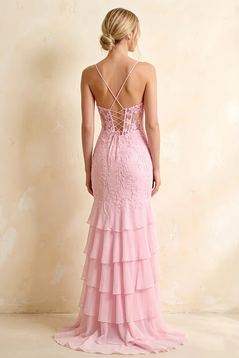 Janet Pink Lace Tier Ruffle Mermaid Maxi Dress