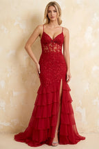 Janet Red Lace Tier Ruffle Mermaid Maxi Dress
