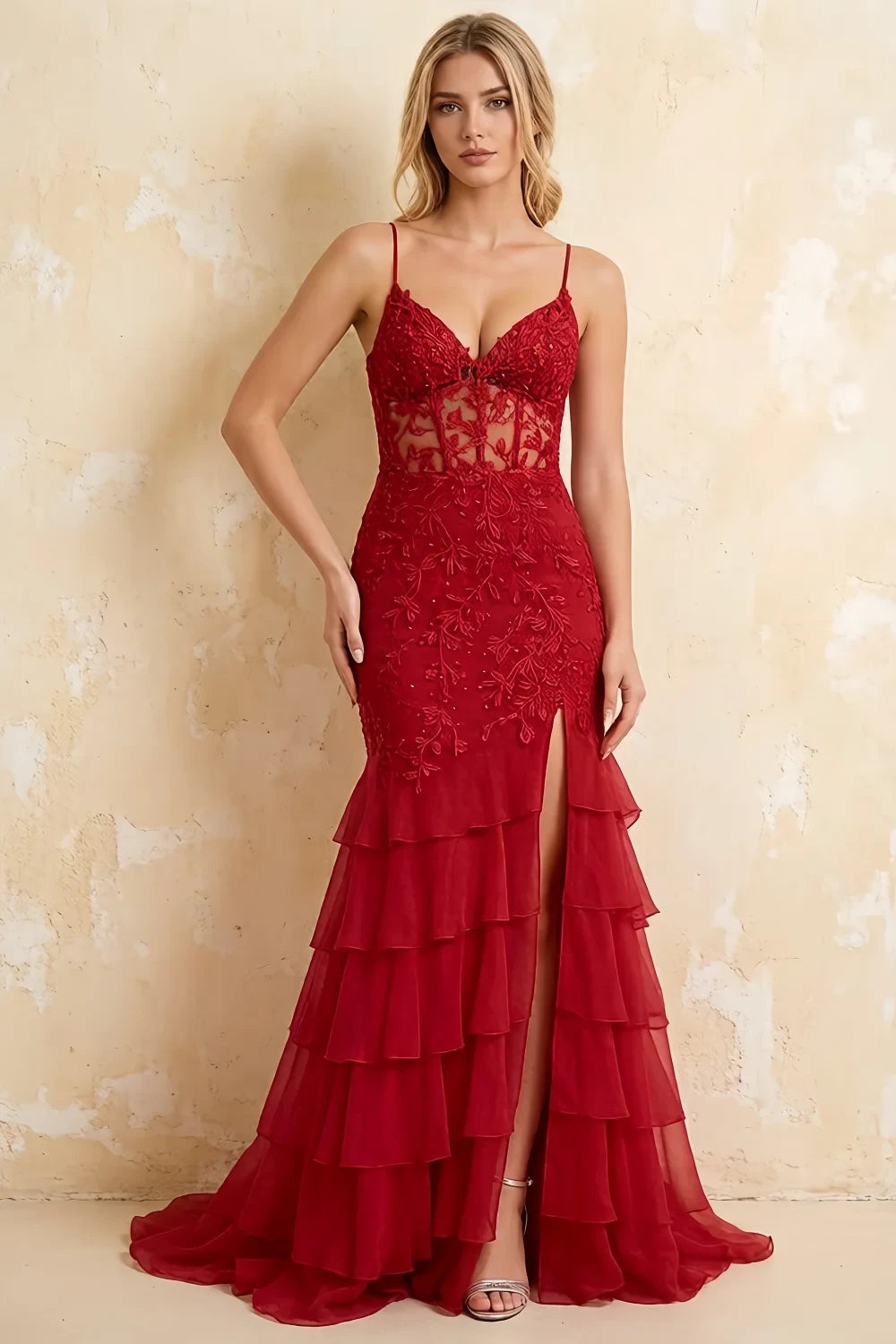 Janet Red Lace Tier Ruffle Mermaid Maxi Dress