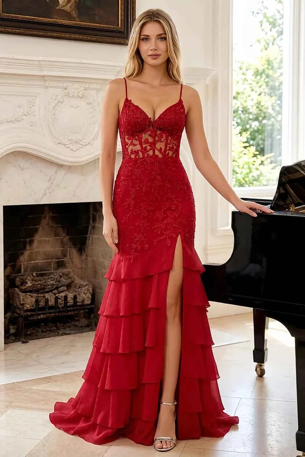 Janet Red Lace Tier Ruffle Mermaid Maxi Dress