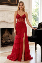 Janet Red Lace Tier Ruffle Mermaid Maxi Dress