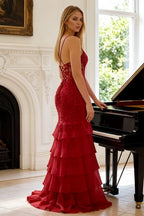 Janet Red Lace Tier Ruffle Mermaid Maxi Dress