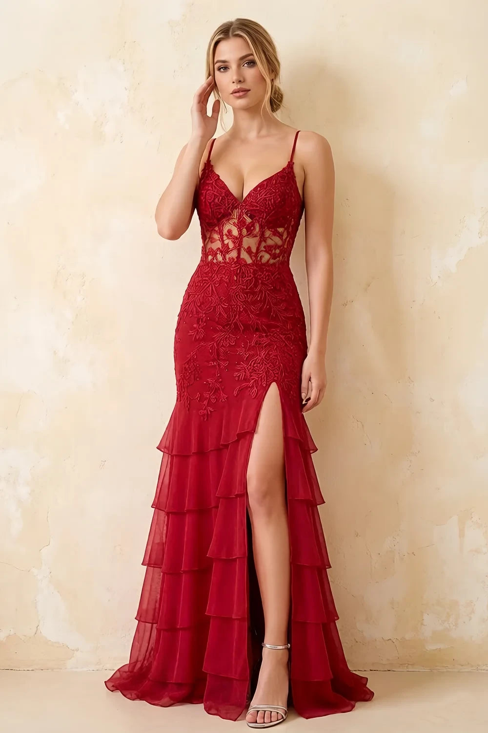 Janet Red Lace Tier Ruffle Mermaid Maxi Dress