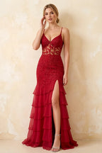 Janet Red Lace Tier Ruffle Mermaid Maxi Dress