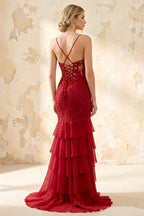 Janet Red Lace Tier Ruffle Mermaid Maxi Dress