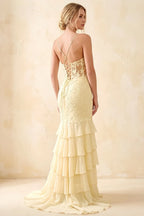 Janet Yellow Lace Tier Ruffle Mermaid Maxi Dress