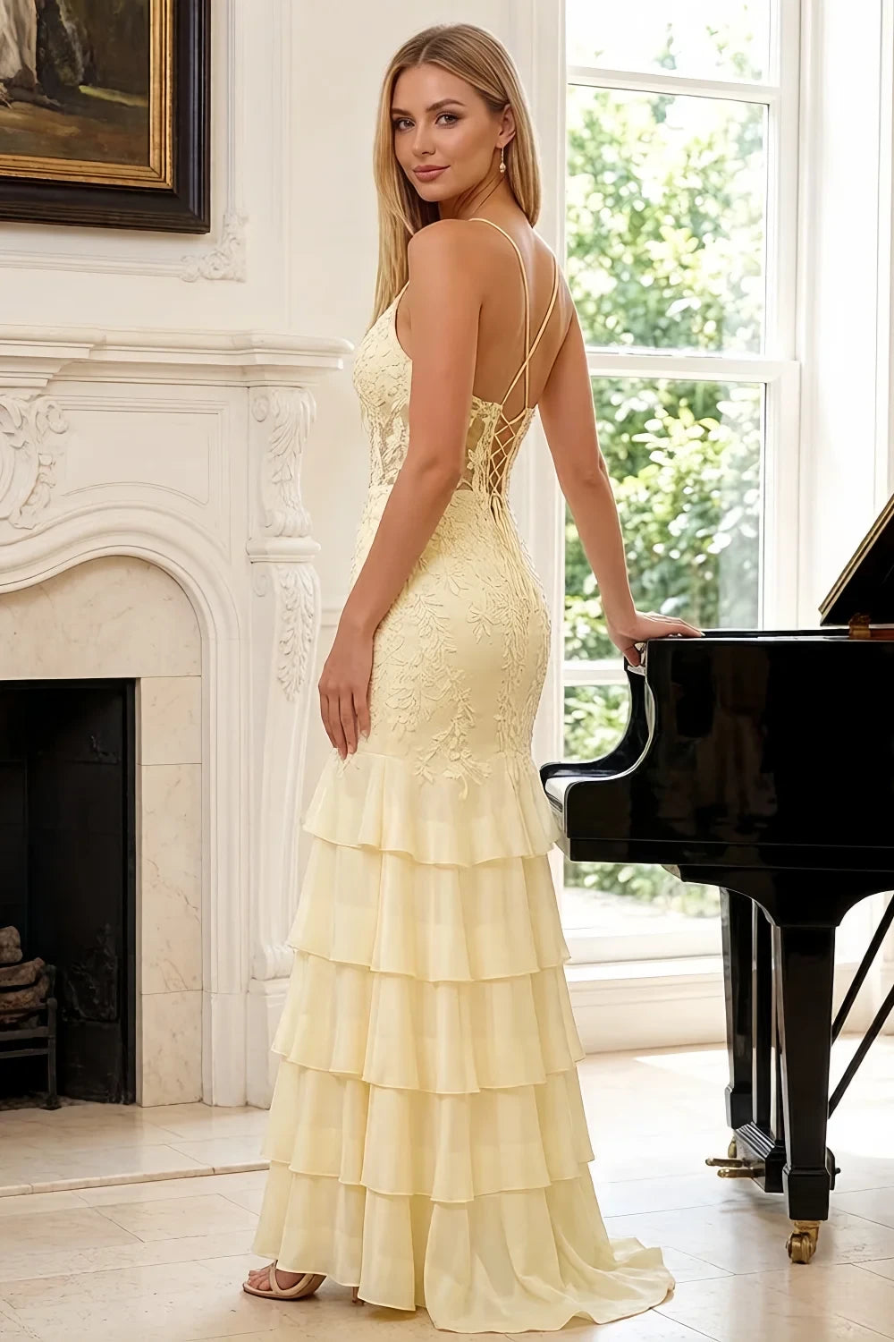 Janet Yellow Lace Tier Ruffle Mermaid Maxi Dress