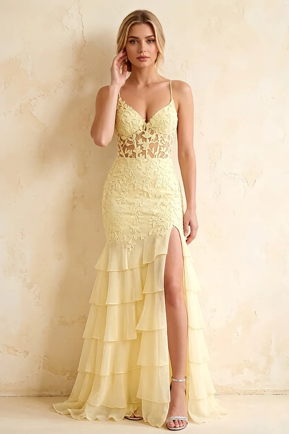 Janet Yellow Lace Tier Ruffle Mermaid Maxi Dress