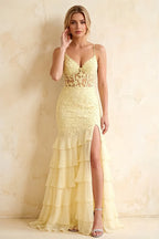 Janet Yellow Lace Tier Ruffle Mermaid Maxi Dress
