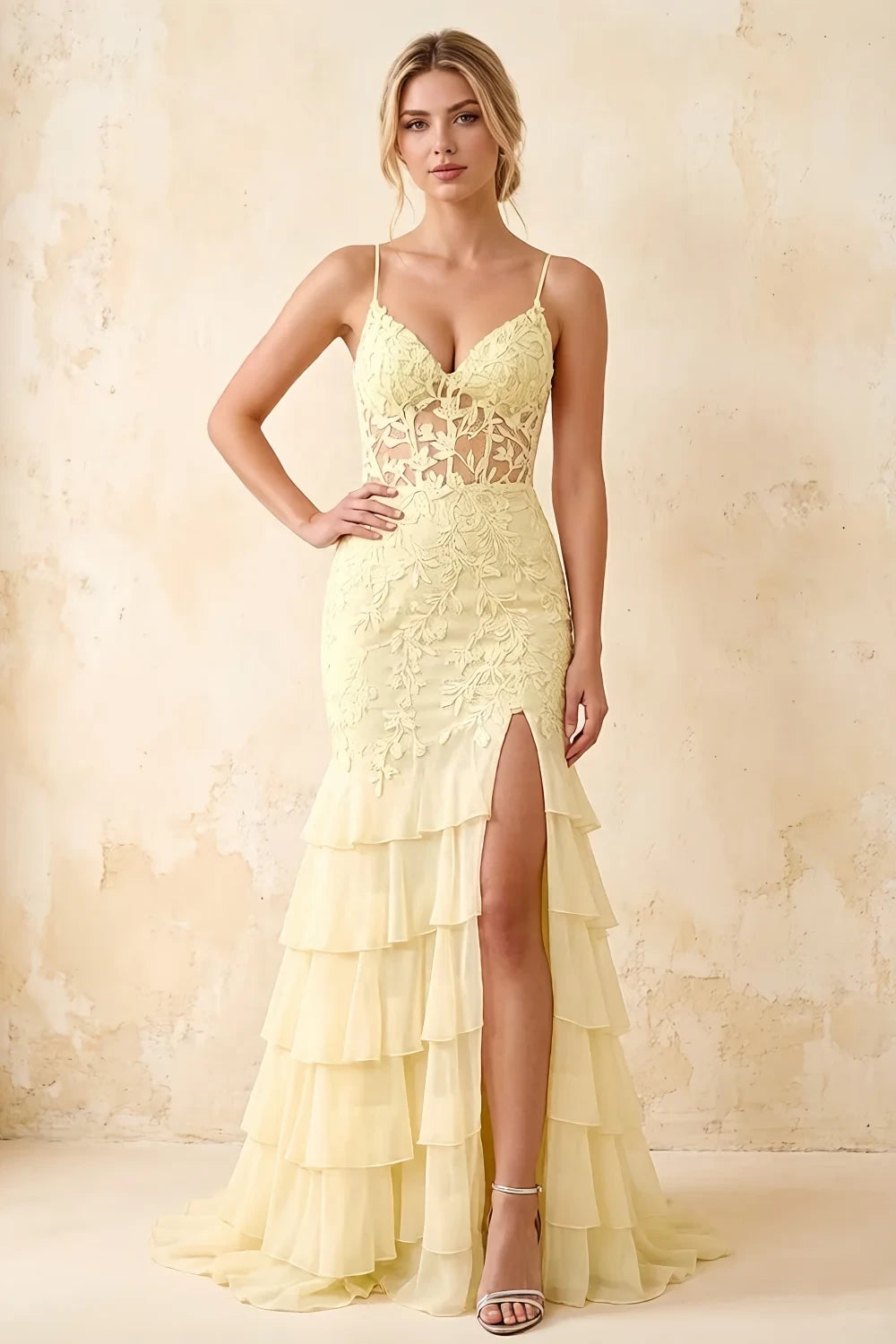 Janet Yellow Lace Tier Ruffle Mermaid Maxi Dress