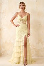 Janet Yellow Lace Tier Ruffle Mermaid Maxi Dress