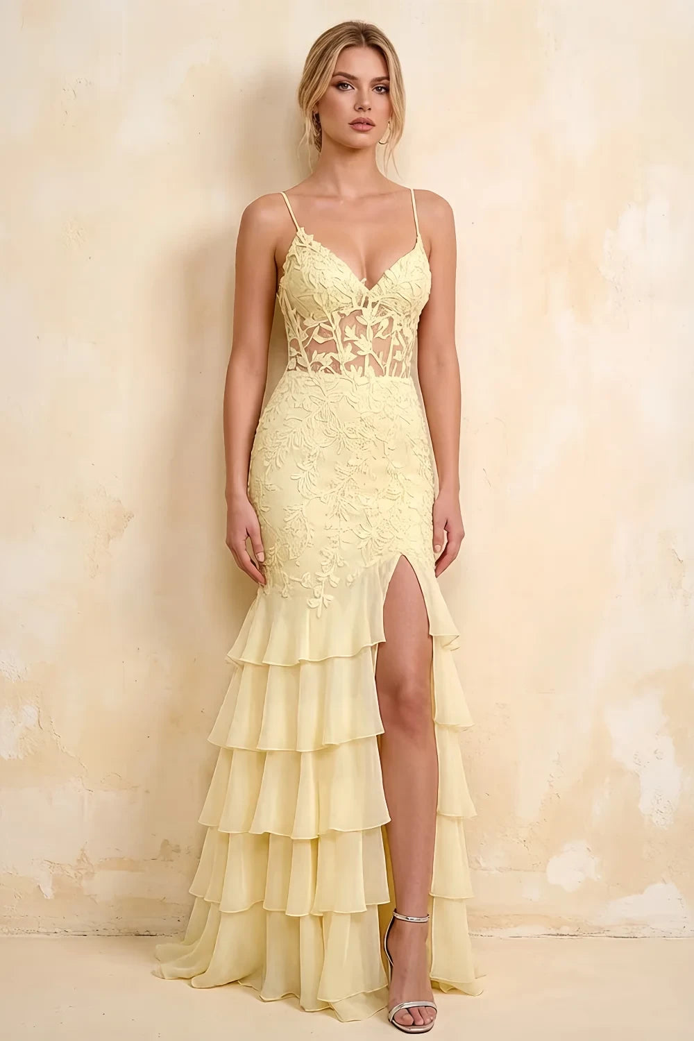 Janet Yellow Lace Tier Ruffle Mermaid Maxi Dress