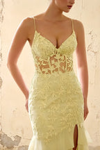 Janet Yellow Lace Tier Ruffle Mermaid Maxi Dress