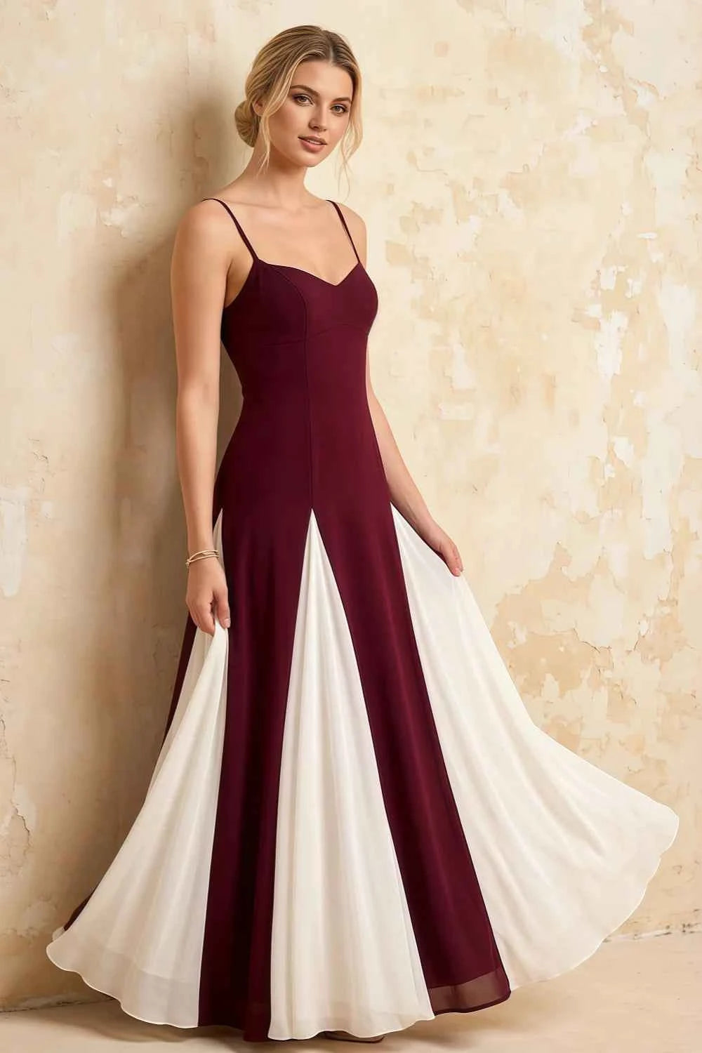 Janice Burgundy Tulle Color Blocked Maxi Dress