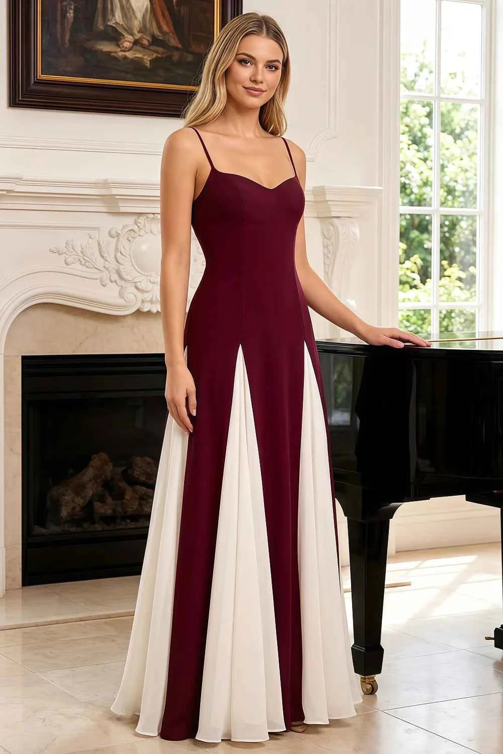 Janice Burgundy Tulle Color Blocked Maxi Dress