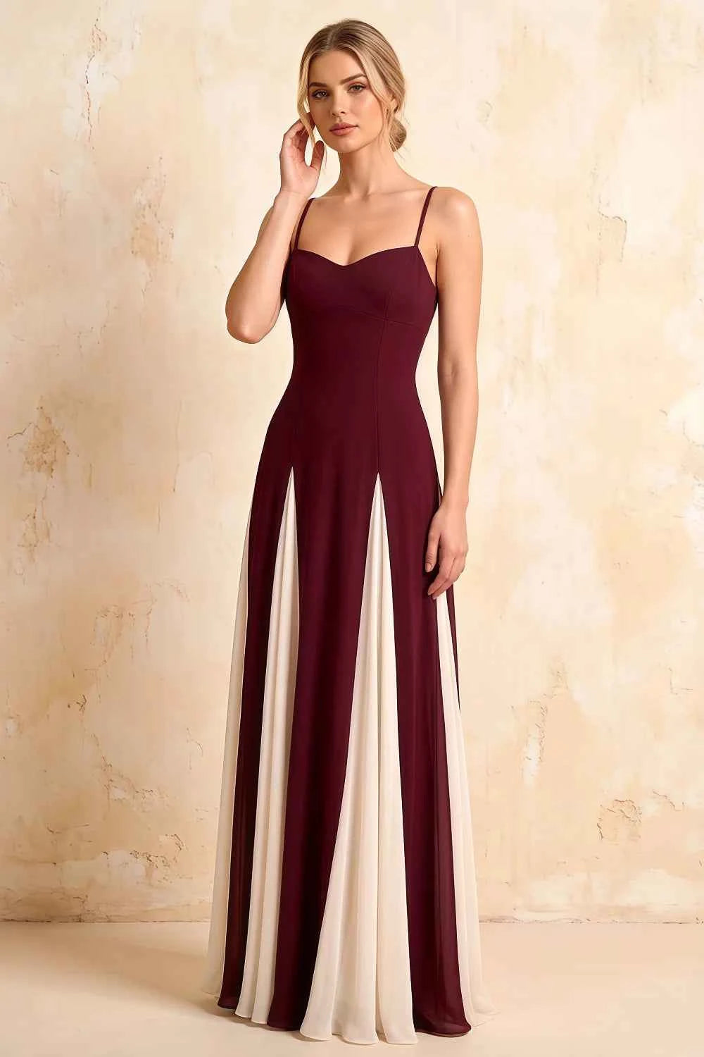 Janice Burgundy Tulle Color Blocked Maxi Dress