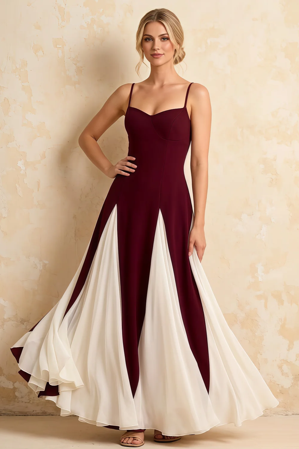 Janice Burgundy Tulle Color Blocked Maxi Dress