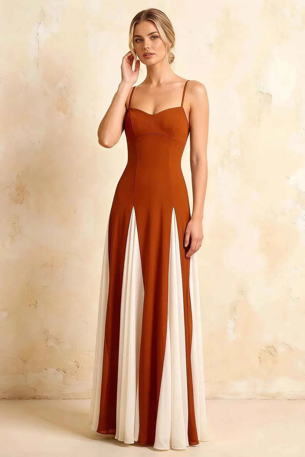 Janice Burnt Orange Tulle Color Blocked Maxi Dress