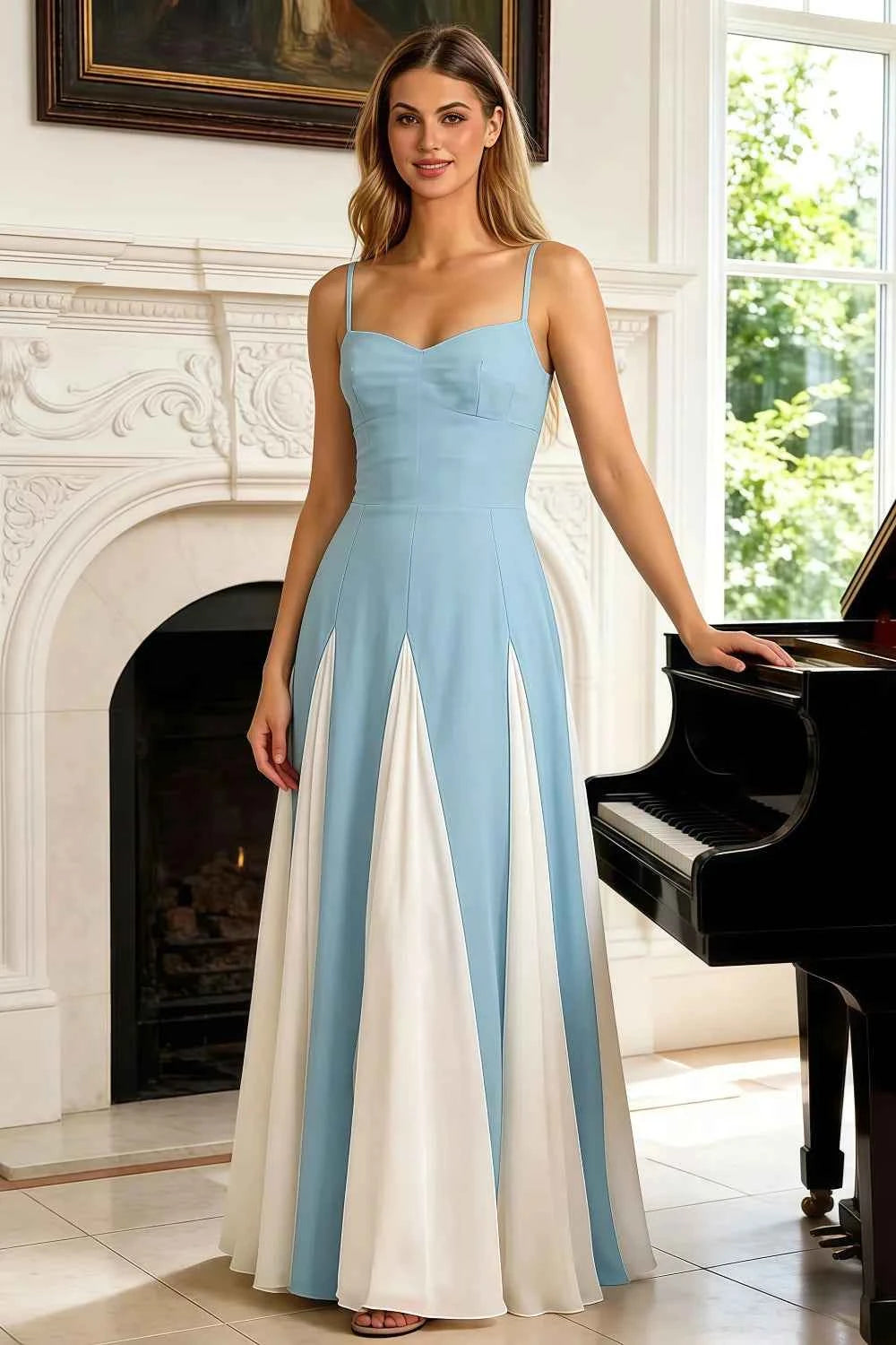 Janice Light Blue Tulle Color Blocked Maxi Dress