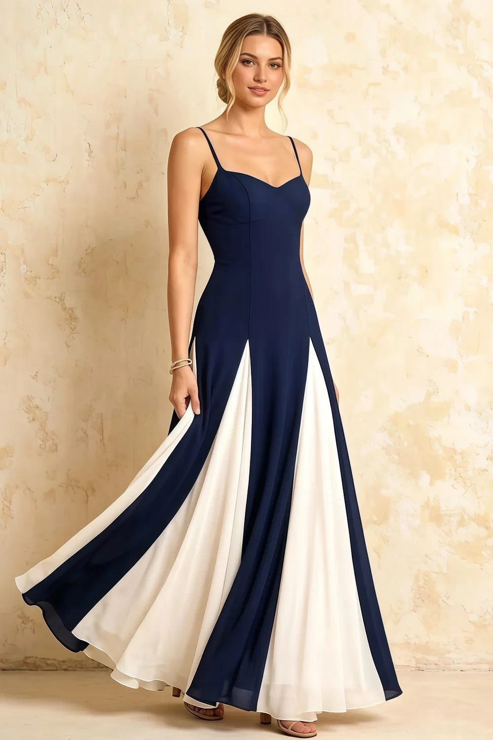 Janice Navy Blue Tulle Color Blocked Maxi Dress Imagen principal del producto