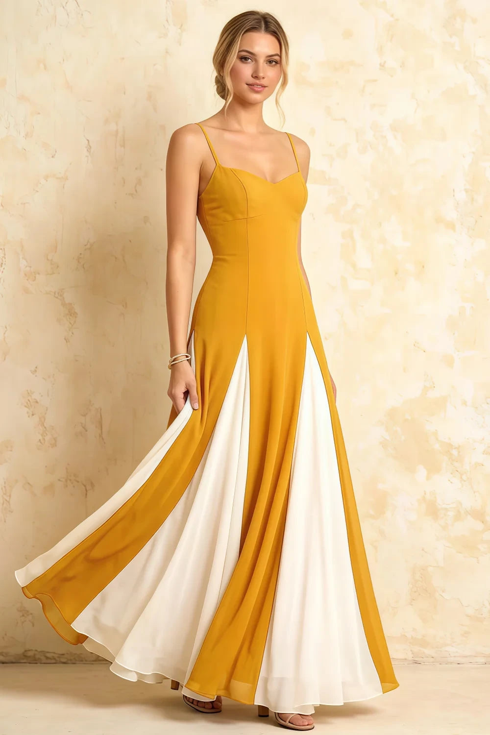 Janice Yellow Tulle Color Blocked Maxi Dress