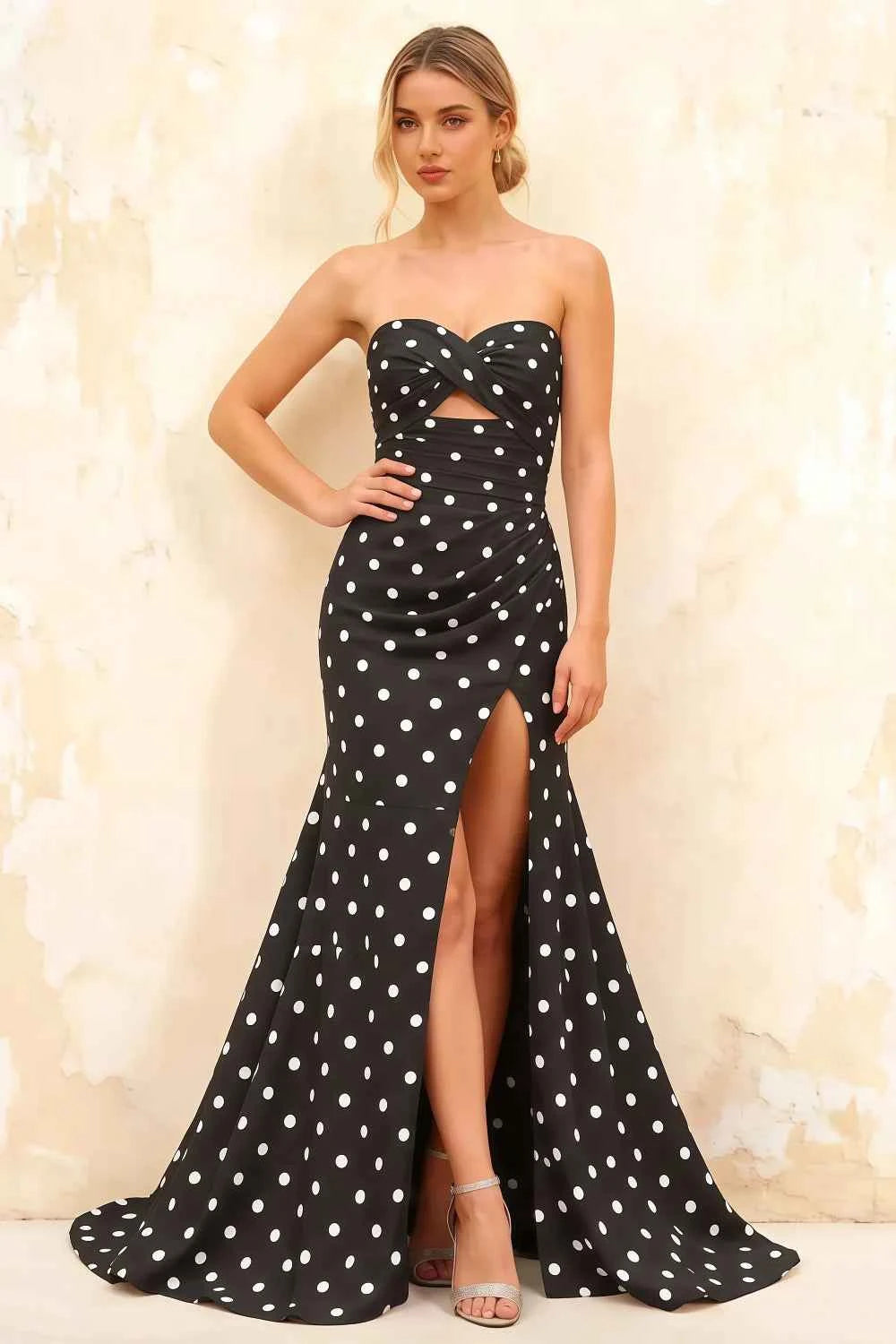 Jean Black Polka Dot Twist Knot Mermaid Maxi Dress Main image