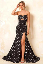Jean Black Polka Dot Twist Knot Mermaid Maxi Dress