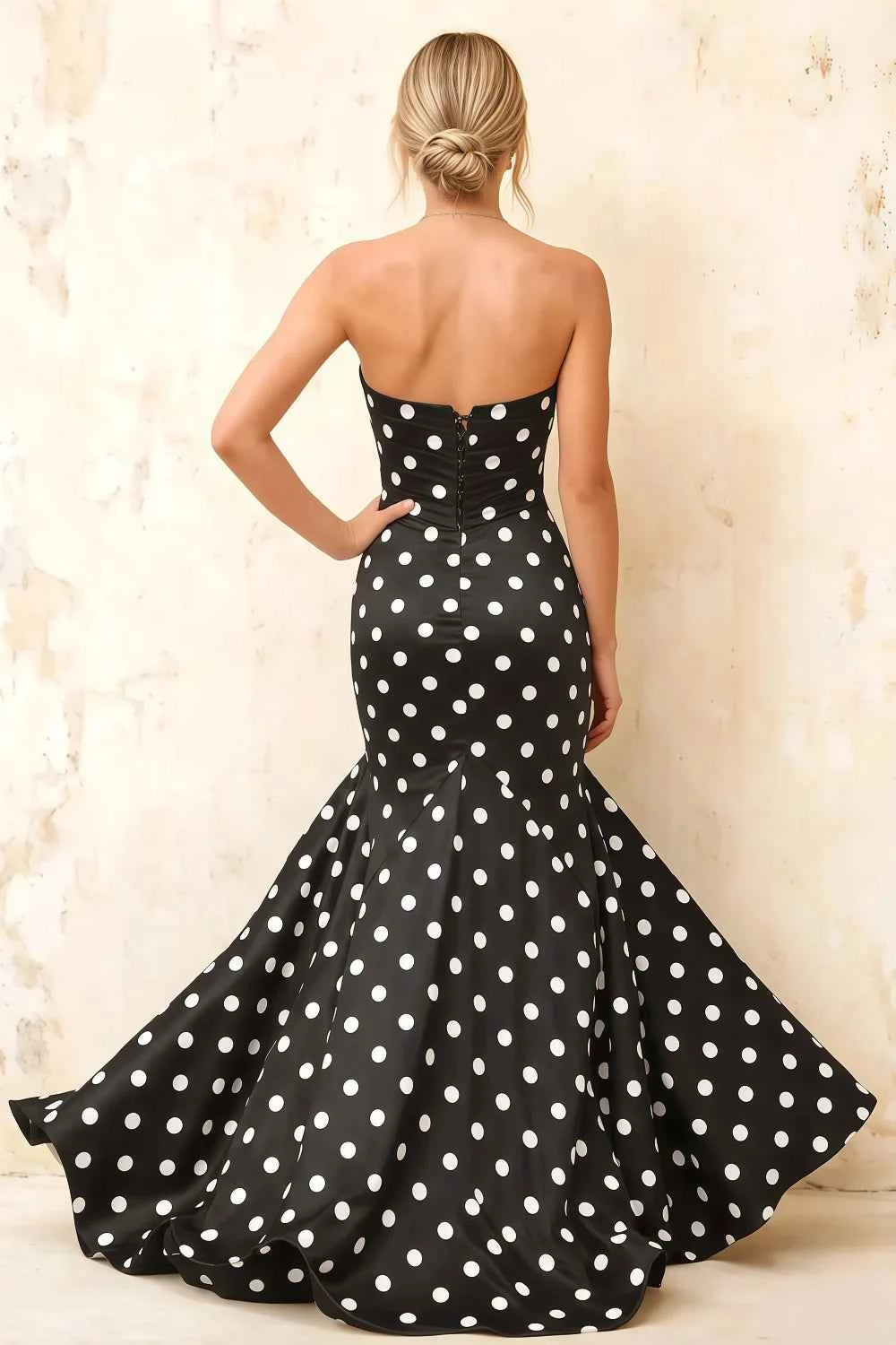 Jean Black Polka Dot Twist Knot Mermaid Maxi Dress