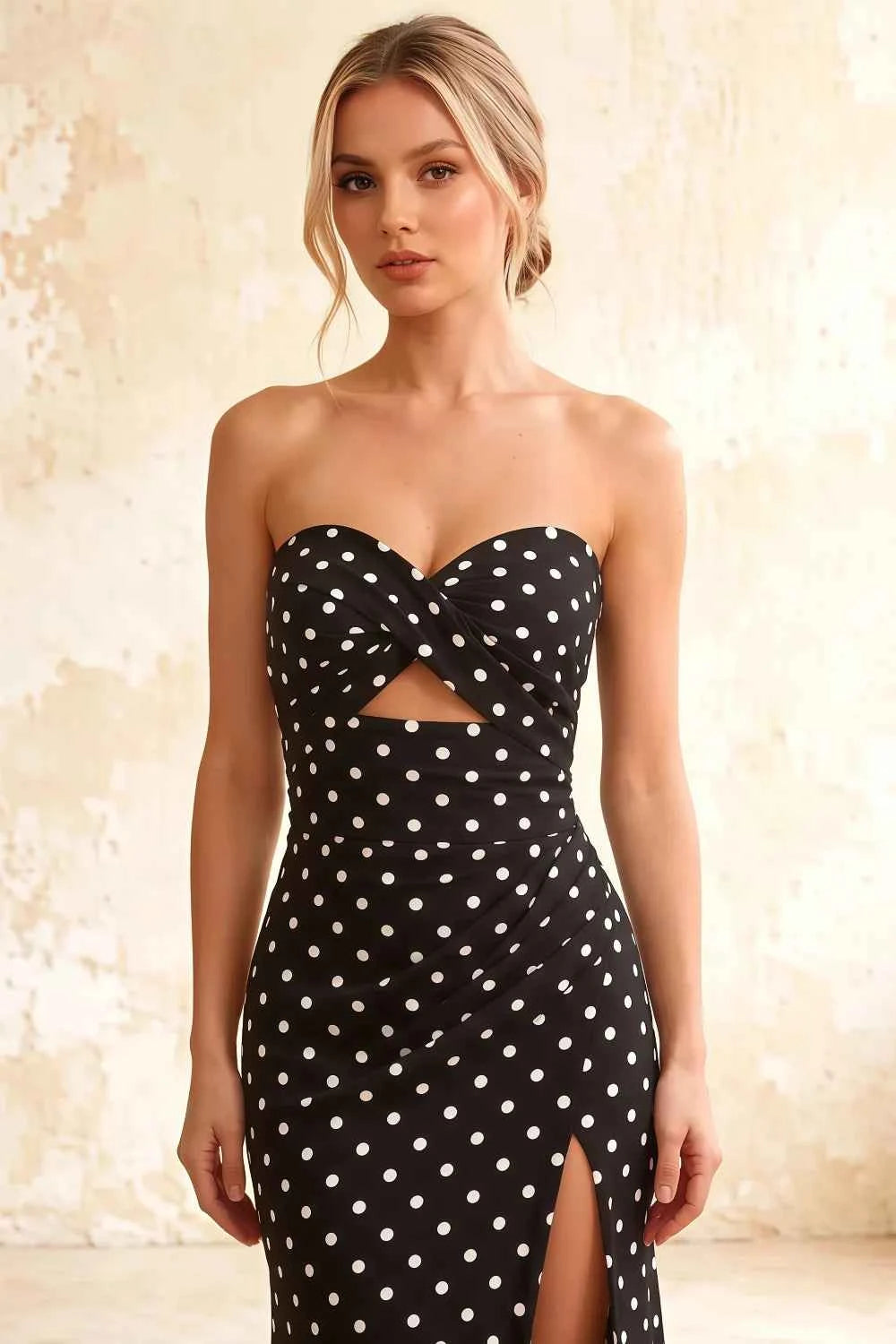 Jean Black Polka Dot Twist Knot Mermaid Maxi Dress