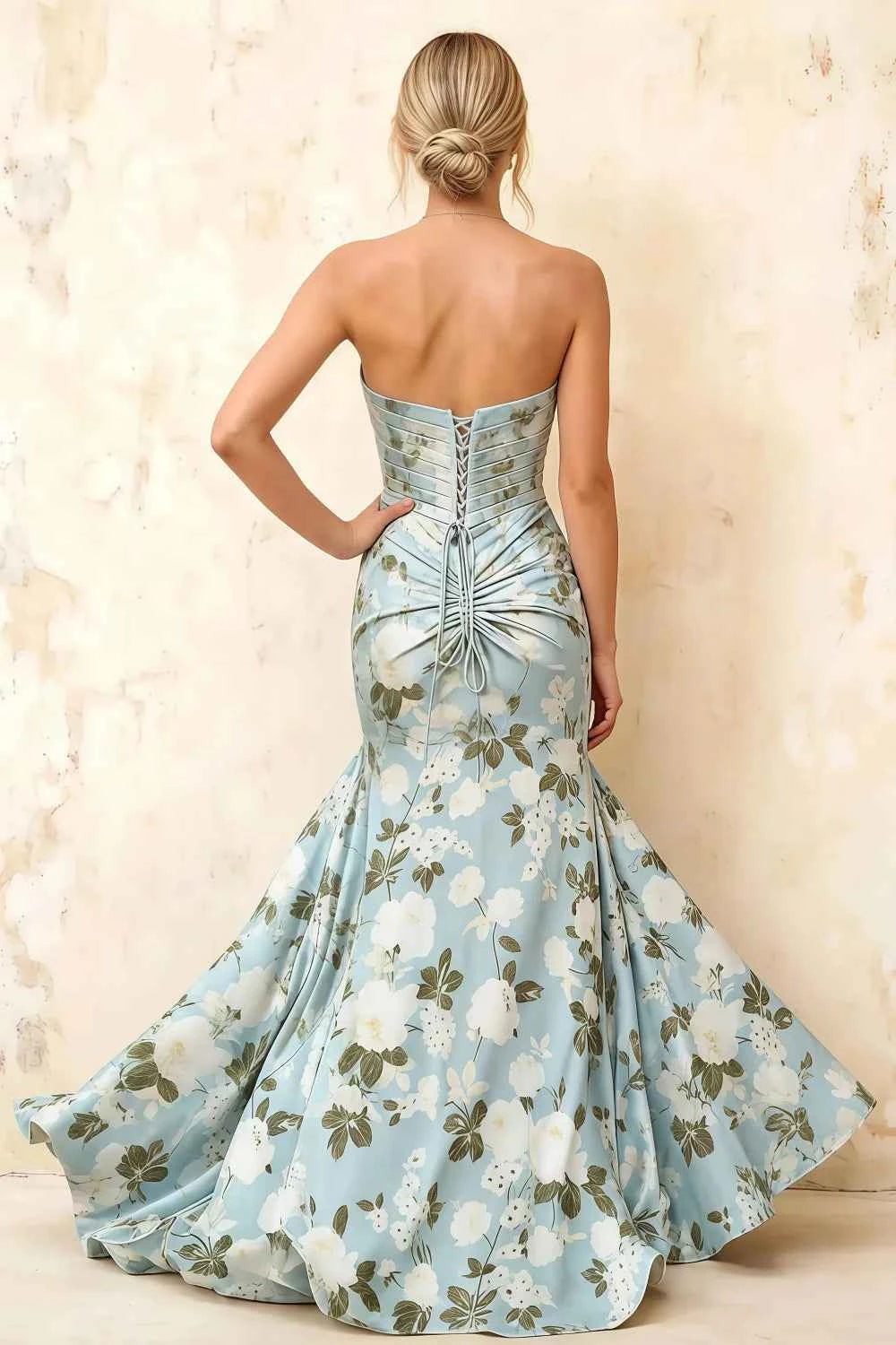Jean Blue Floral Twist Knot Mermaid Maxi Dress