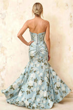 Jean Blue Floral Twist Knot Mermaid Maxi Dress