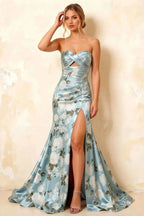 Jean Blue Floral Twist Knot Mermaid Maxi Dress