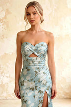 Jean Blue Floral Twist Knot Mermaid Maxi Dress