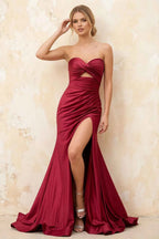 Jean Burgundy Satin Twist Knot Mermaid Maxi Dress