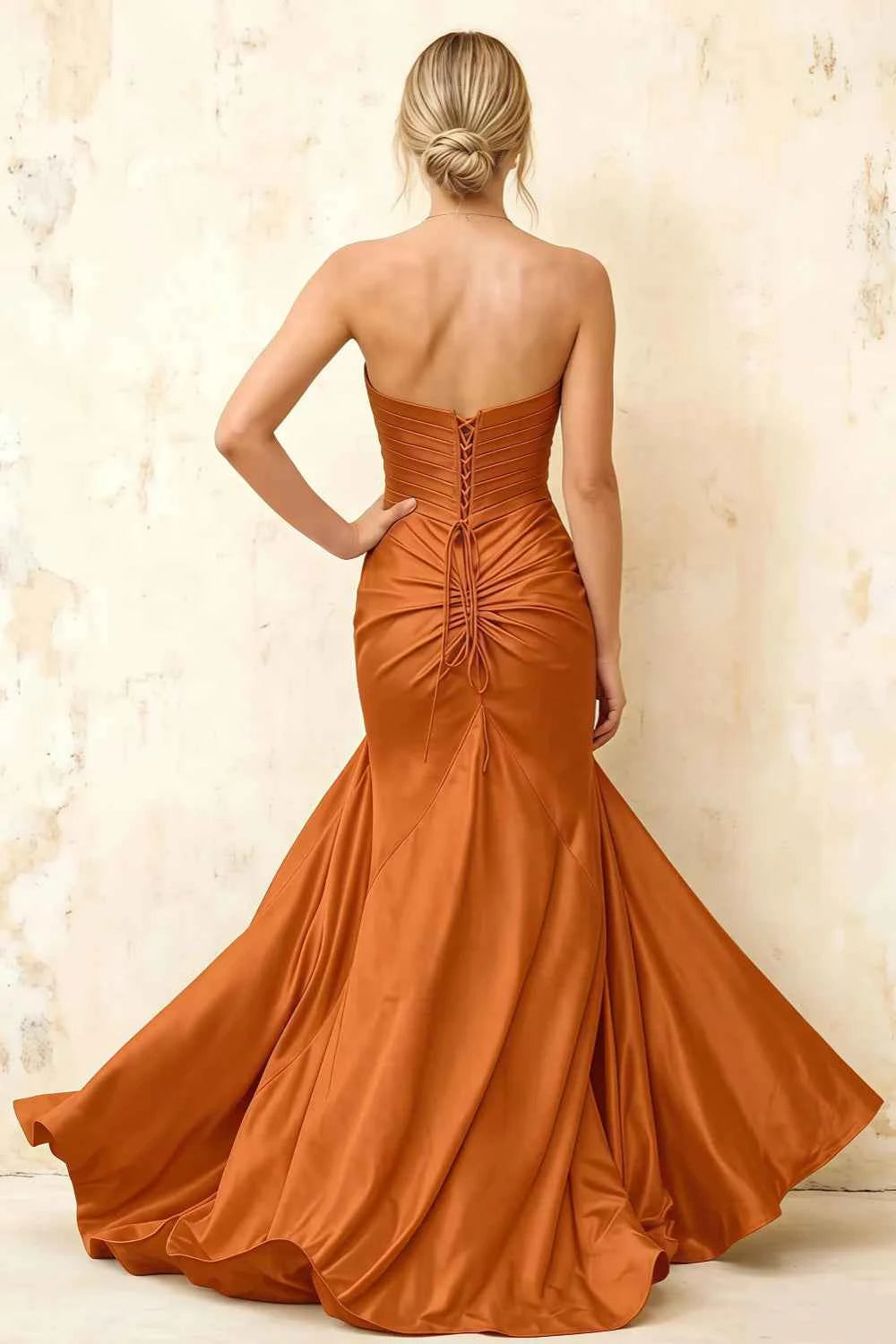 Jean Burnt Orange Satin Twist Knot Mermaid Maxi Dress
