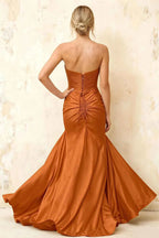 Jean Burnt Orange Satin Twist Knot Mermaid Maxi Dress