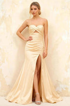 Jean Champagne Satin Twist Knot Mermaid Maxi Dress