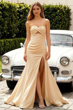 Jean Champagne Satin Twist Knot Mermaid Maxi Dress