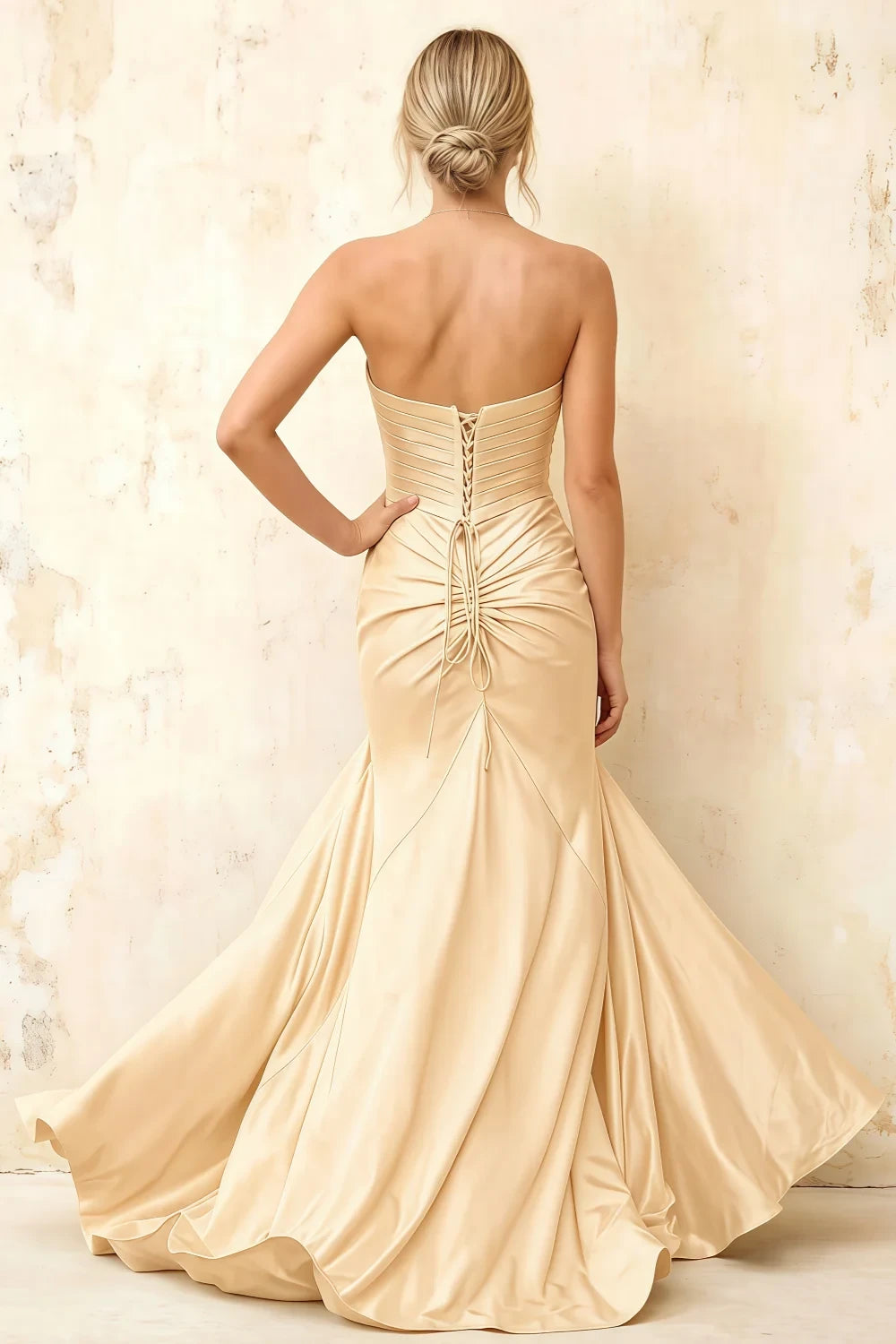 Jean Champagne Satin Twist Knot Mermaid Maxi Dress