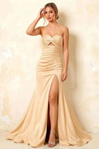 Jean Champagne Satin Twist Knot Mermaid Maxi Dress