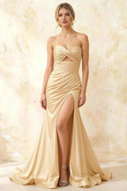 Jean Champagne Satin Twist Knot Mermaid Maxi Dress