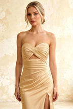 Jean Champagne Satin Twist Knot Mermaid Maxi Dress