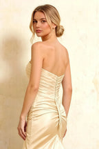 Jean Champagne Satin Twist Knot Mermaid Maxi Dress
