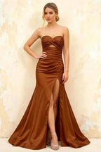 Jean Chocolate Satin Twist Knot Mermaid Maxi Dress
