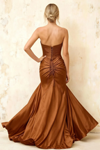 Jean Chocolate Satin Twist Knot Mermaid Maxi Dress