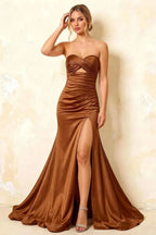 Jean Chocolate Satin Twist Knot Mermaid Maxi Dress