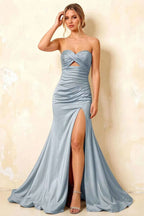 Jean Dusty Blue Satin Twist Knot Mermaid Maxi Dress
