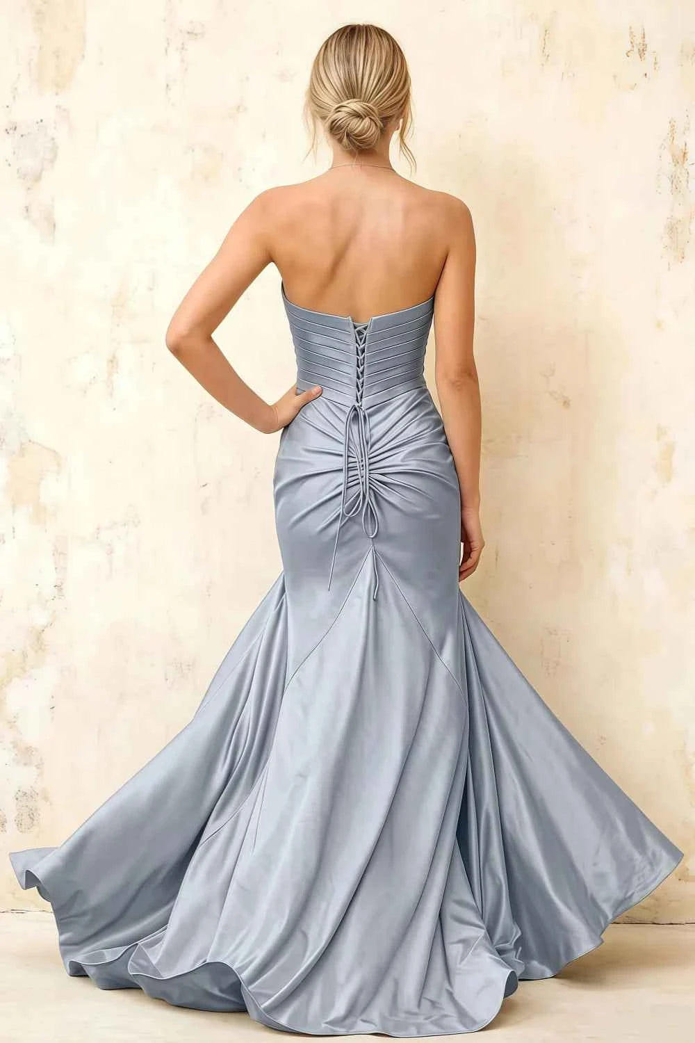 Jean Dusty Blue Satin Twist Knot Mermaid Maxi Dress