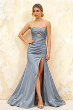Jean Dusty Blue Satin Twist Knot Mermaid Maxi Dress
