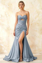 Jean Dusty Blue Satin Twist Knot Mermaid Maxi Dress
